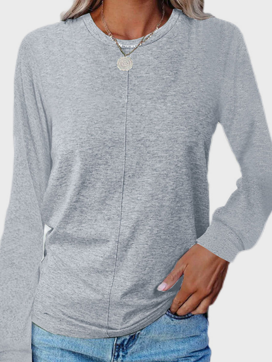 Full Size Round Neck Long Sleeve T-Shirt Light Gray