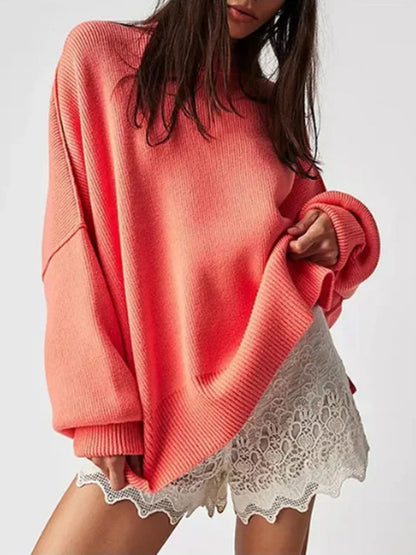 Round Neck Long Sleeve Sweater Orange-Red