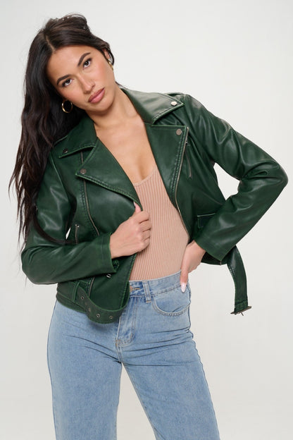 Vegan Leather Biker Jacket with Belt