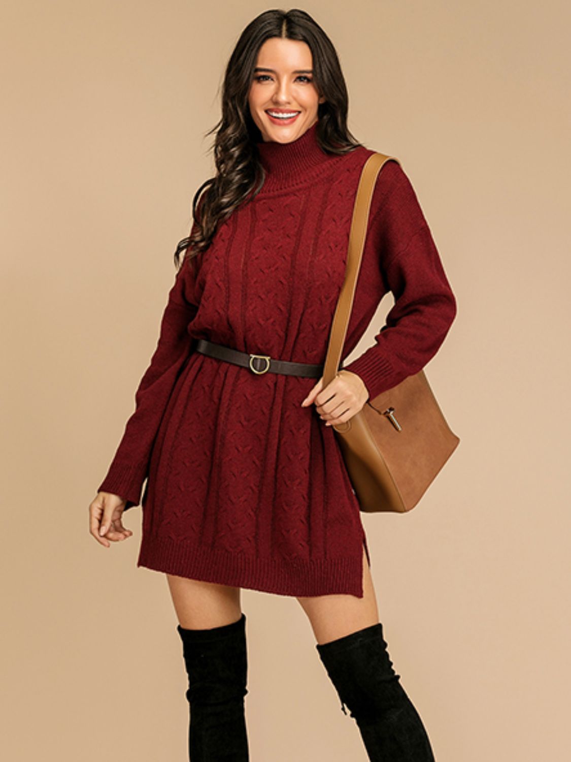 Perfee Slit Turtleneck Long Sleeve Mini Sweater Dress Burgundy