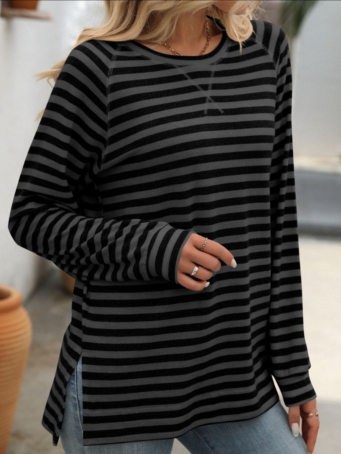 Mandy Striped Round Neck Long Sleeve T-Shirt Black