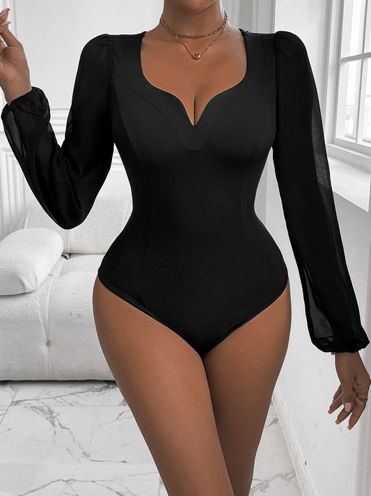 Perfee Sweetheart Neck Long Sleeve Bodysuit Black