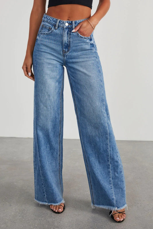 Raw Hem Wide Leg Jeans with Pockets Medium