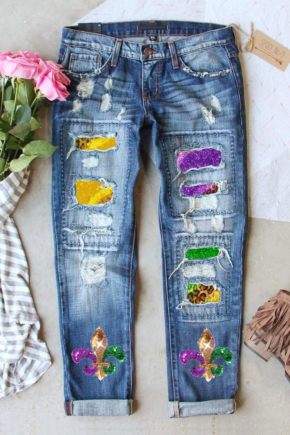 Mardi Gras Sequin Distressed Straight Jeans Medium