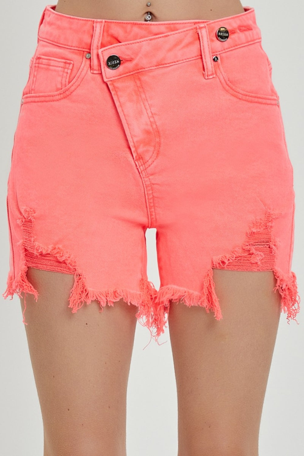 RISEN Raw Hem Asymmetrical Waist Denim Shorts Coral Pink