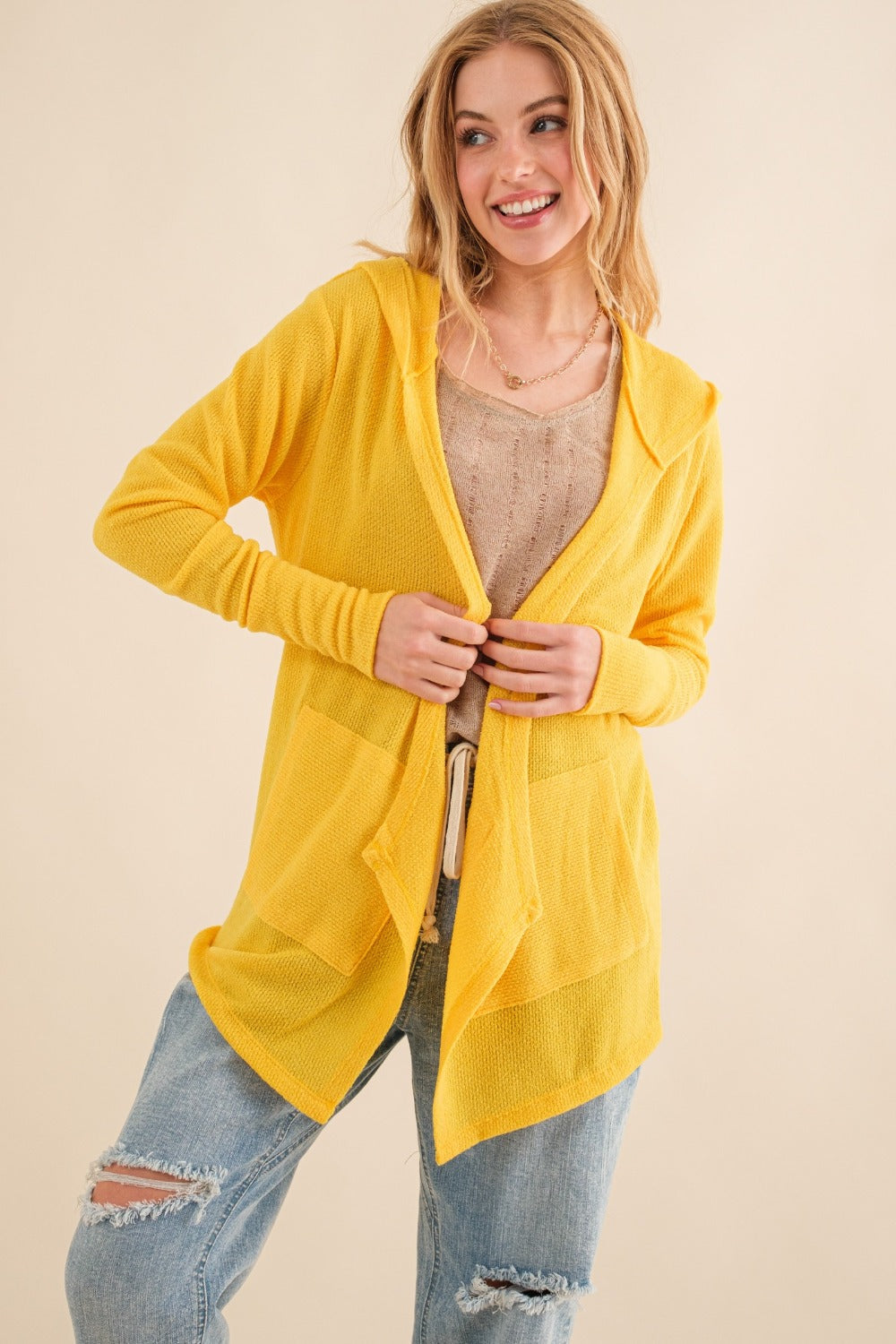 And The Why Full Size Thermal Hooded Open Front Cardigan with Pockets Vivid Yellow