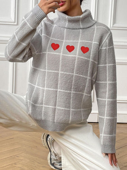 Heart Plaid Turtleneck Long Sleeve Sweater Light Gray