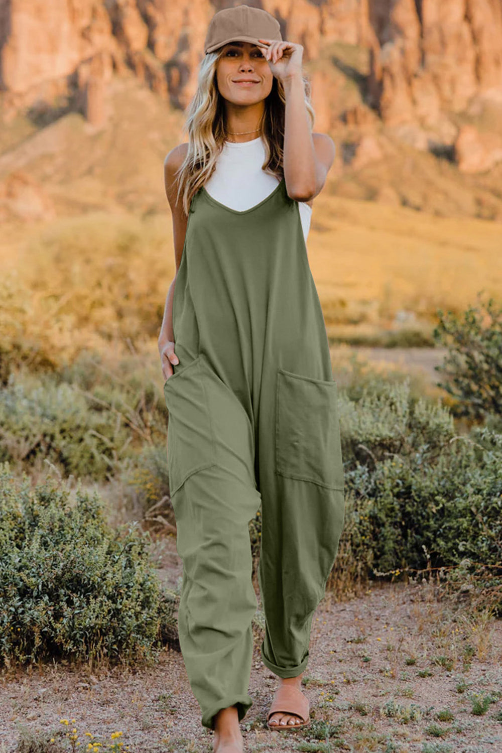 Sleeveless V-Neck Jumpsuit with Pockets Army Green