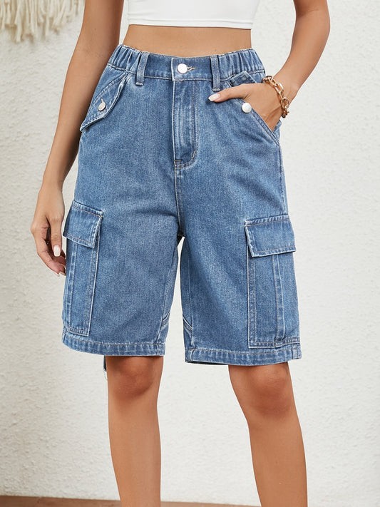 Buttoned Elastic Waist Denim Shorts with Pockets Medium