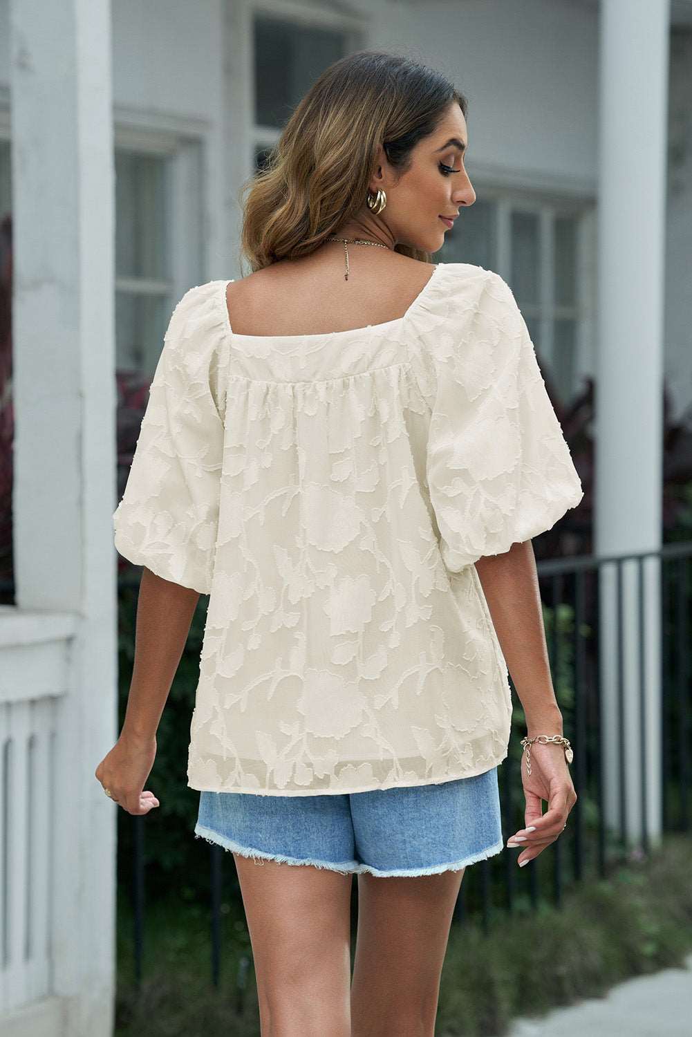 Applique Puff Sleeve Square Neck Blouse for Women