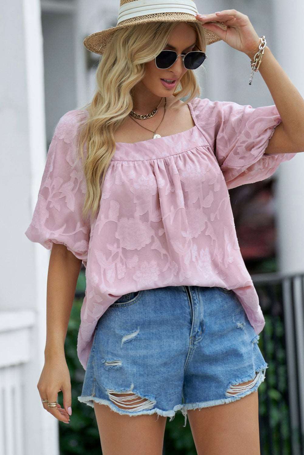 Applique Puff Sleeve Square Neck Blouse for Women