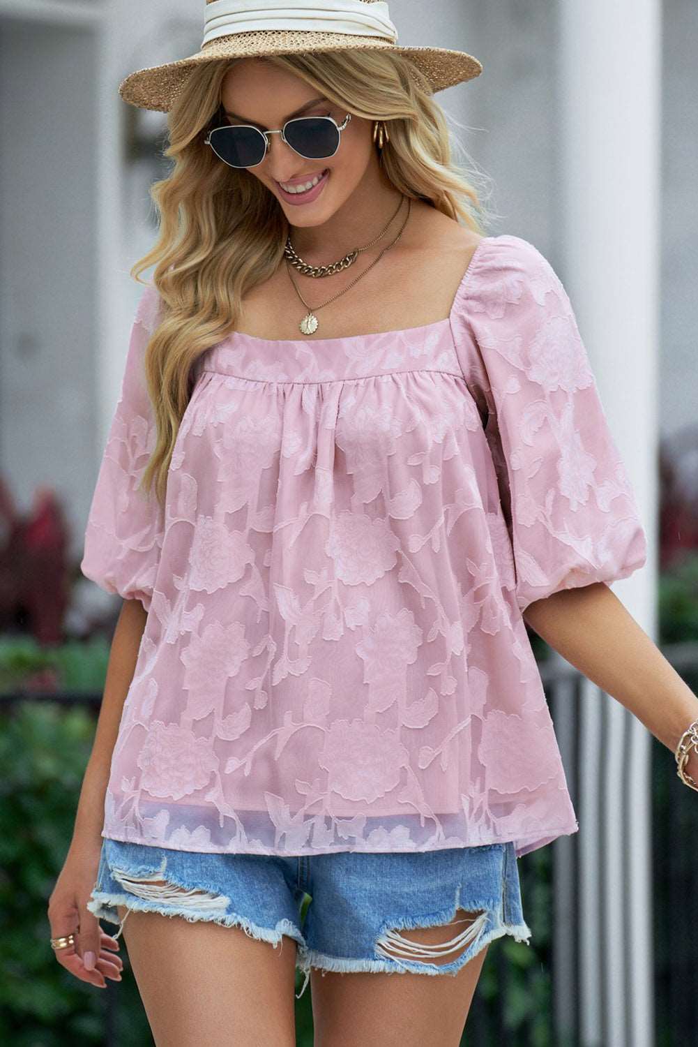 Applique Puff Sleeve Square Neck Blouse for Women Pink