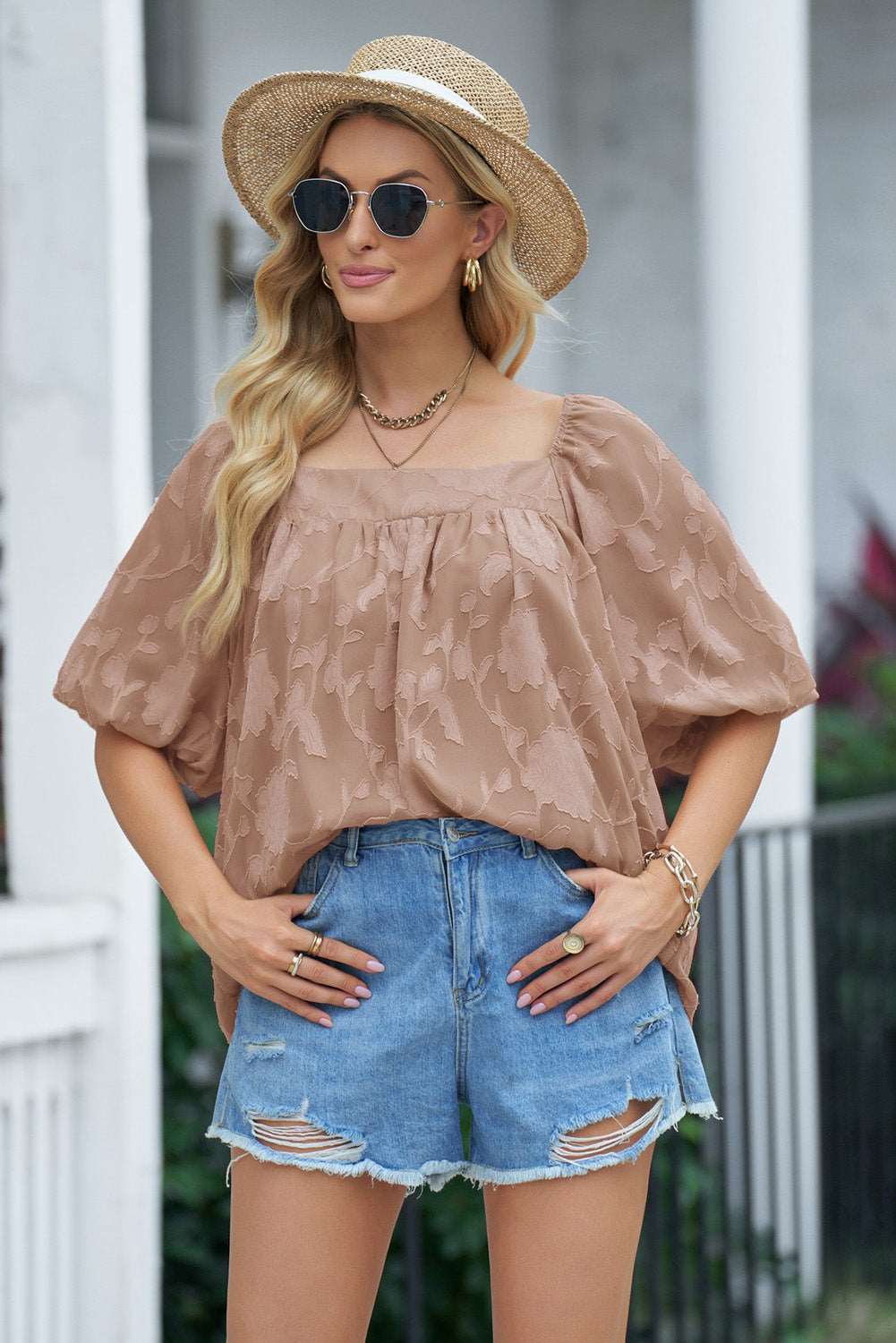 Applique Puff Sleeve Square Neck Blouse for Women