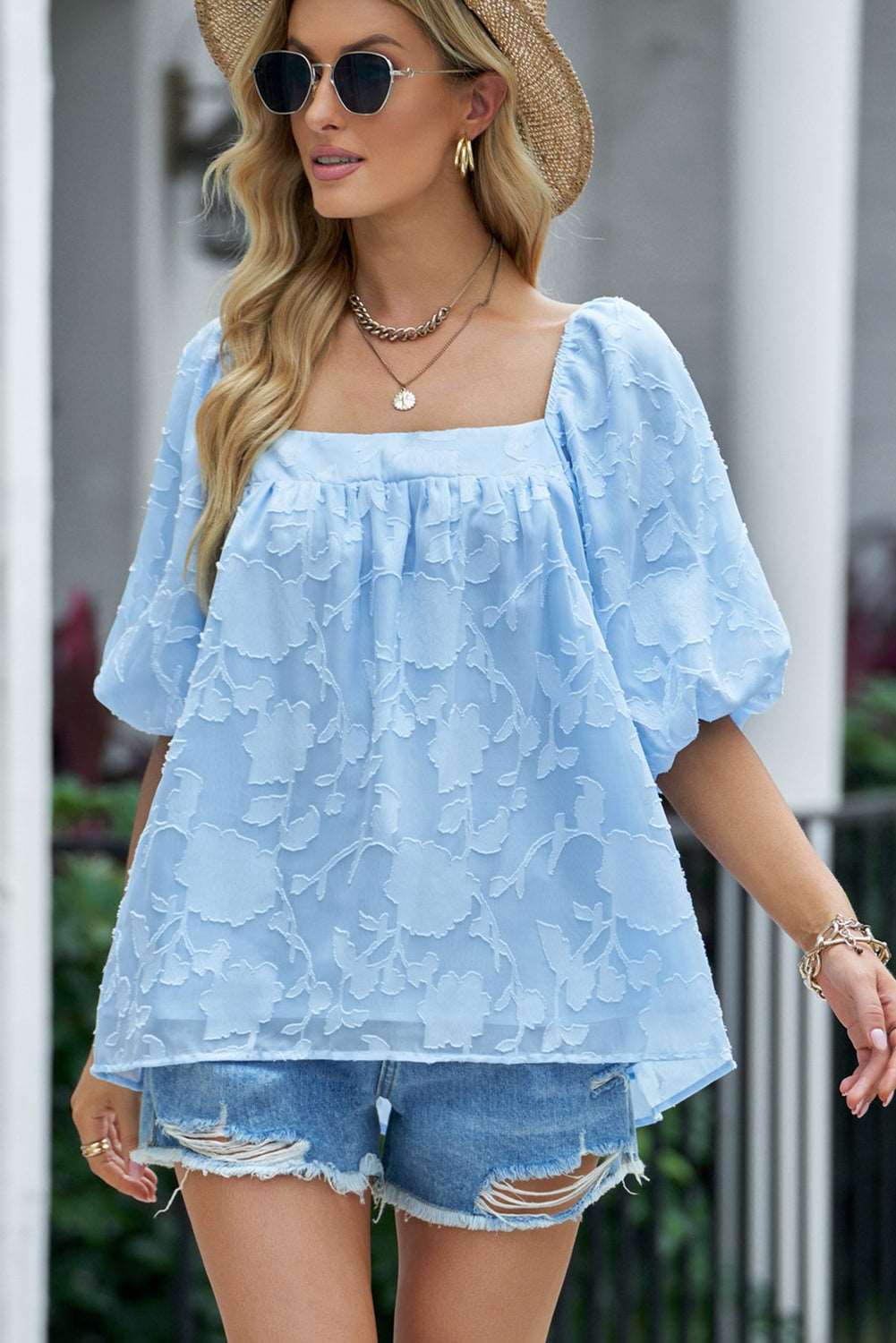 Applique Puff Sleeve Square Neck Blouse for Women Blue
