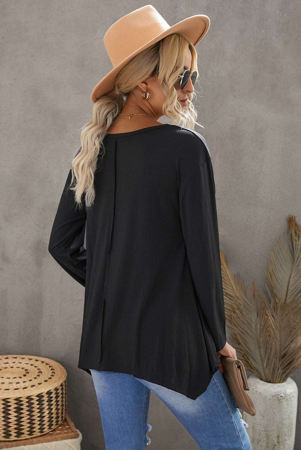 Asymmetric Hem Notched Neck Top