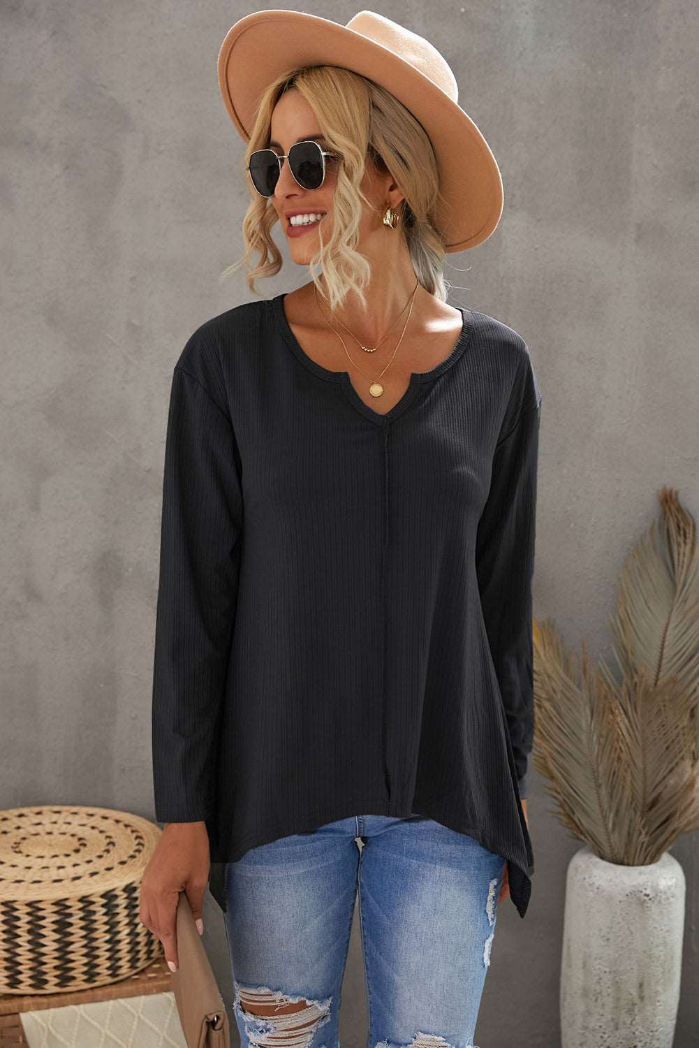 Asymmetric Hem Notched Neck Top Black