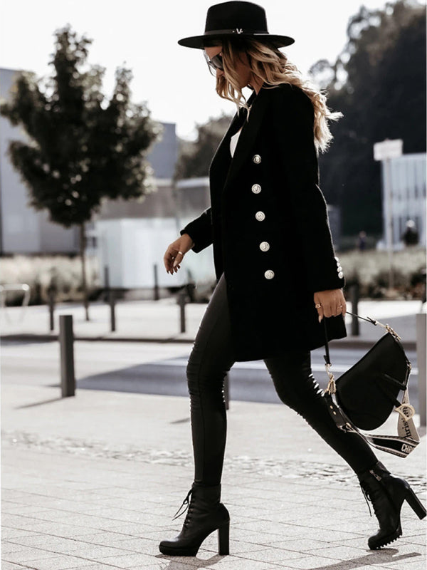 Autumn and winter long sleeve double breasted woolen coat Black