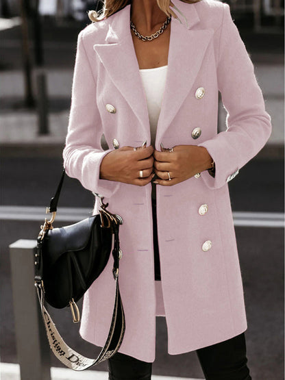 Autumn and winter long sleeve double breasted woolen coat Pink