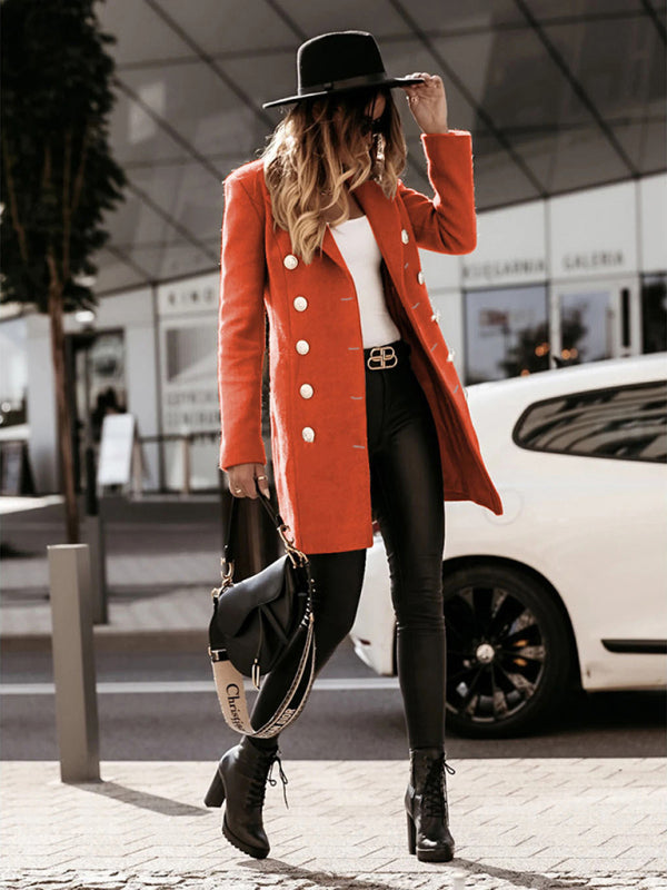 Autumn and winter long sleeve double breasted woolen coat Orange Red