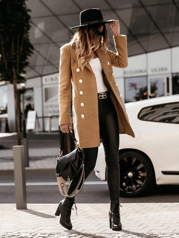 Autumn and winter long sleeve double breasted woolen coat Khaki