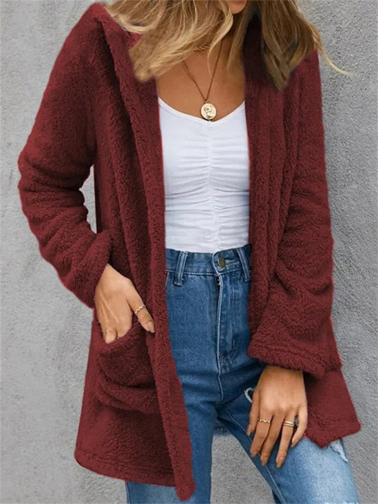 Autumn and winter new cardigan jacket solid color fleece pocket cardigan belt women's clothing Red