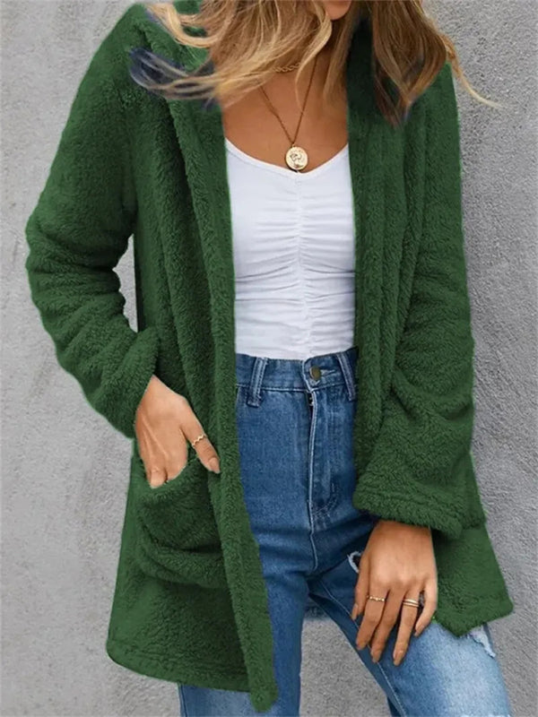 Autumn and winter new cardigan jacket solid color fleece pocket cardigan belt women's clothing Green