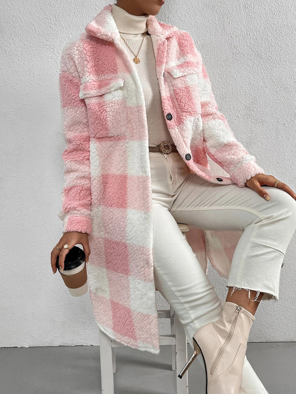 Autumn and winter open buckle lapel plush plaid coat loose temperament commuter long coat Pink