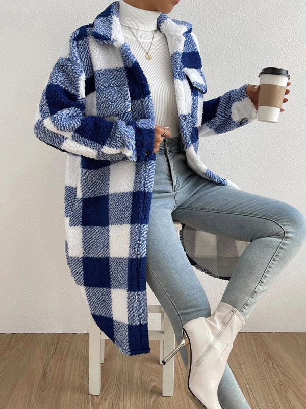 Autumn and winter open buckle lapel plush plaid coat loose temperament commuter long coat Blue