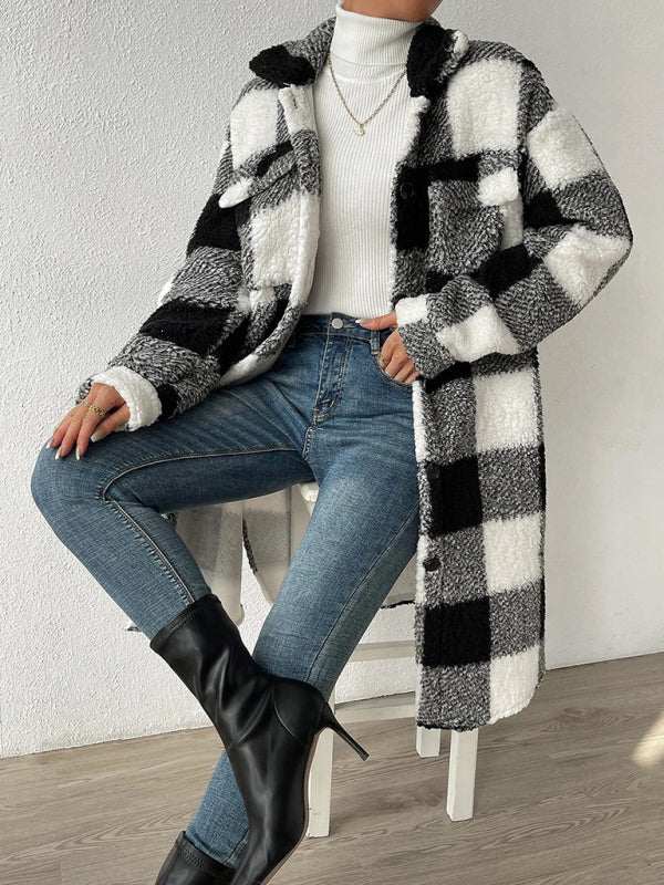 Autumn and winter open buckle lapel plush plaid coat loose temperament commuter long coat Black