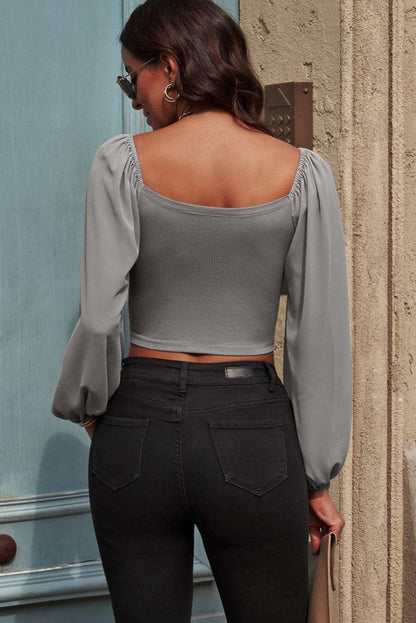 Balloon Sleeve Drawstring Crop Top