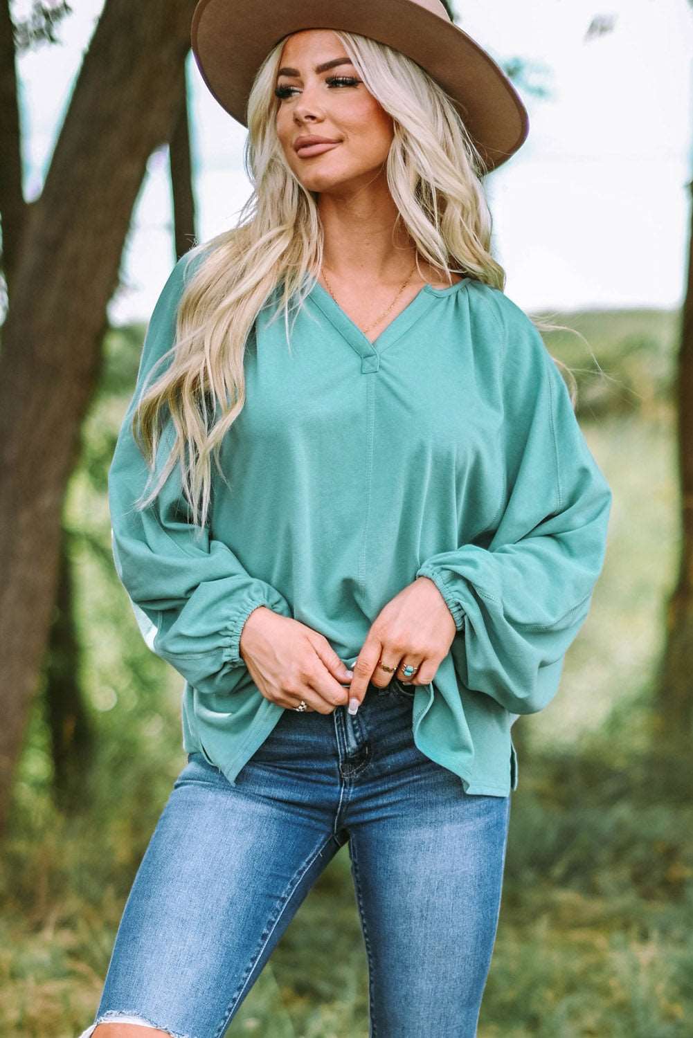 Balloon Sleeve Notched Neck Blouse