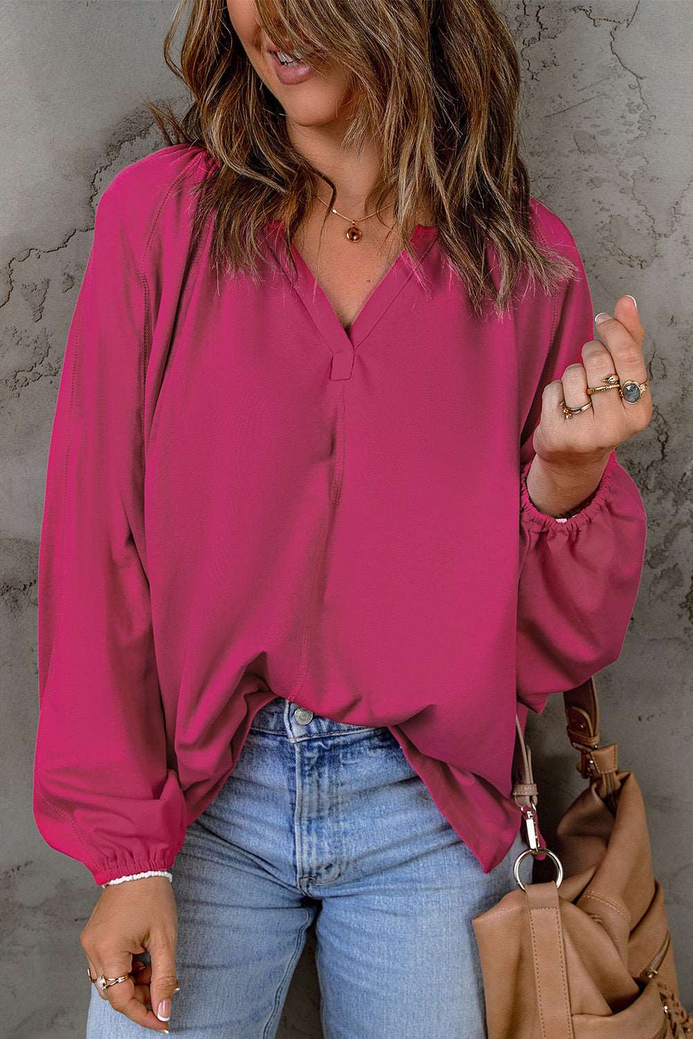 Balloon Sleeve Notched Neck Blouse Deep Rose