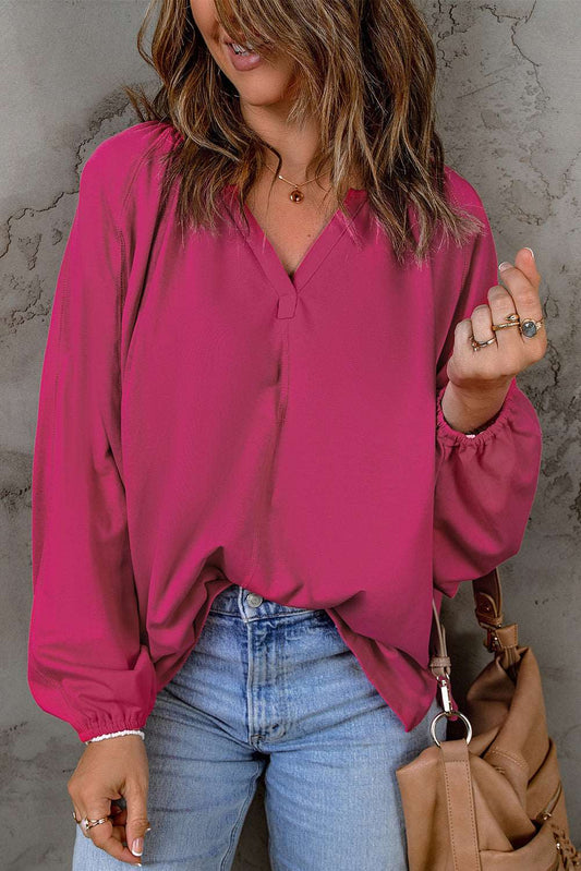 Balloon Sleeve Notched Neck Blouse Deep Rose