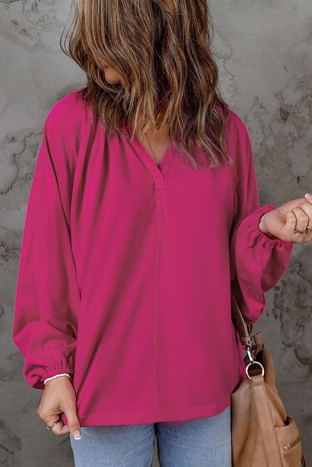 Balloon Sleeve Notched Neck Blouse