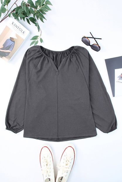 Balloon Sleeve Notched Neck Blouse Dark Gray