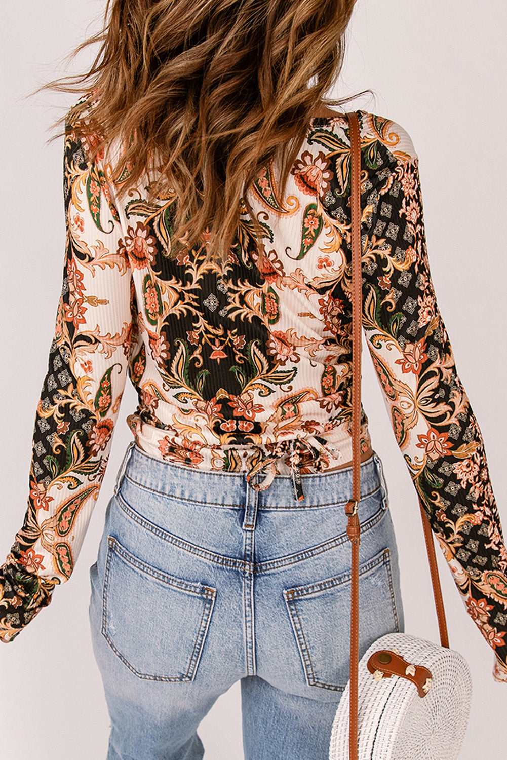 Baroque Print Surplice Long Sleeve Top