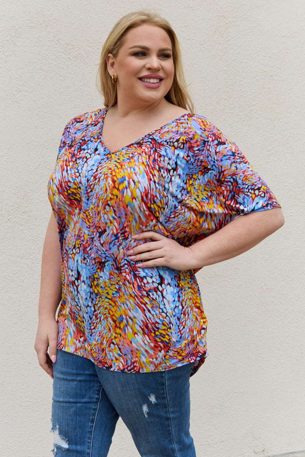 Be Stage Full Size Printed Dolman Flowy Top