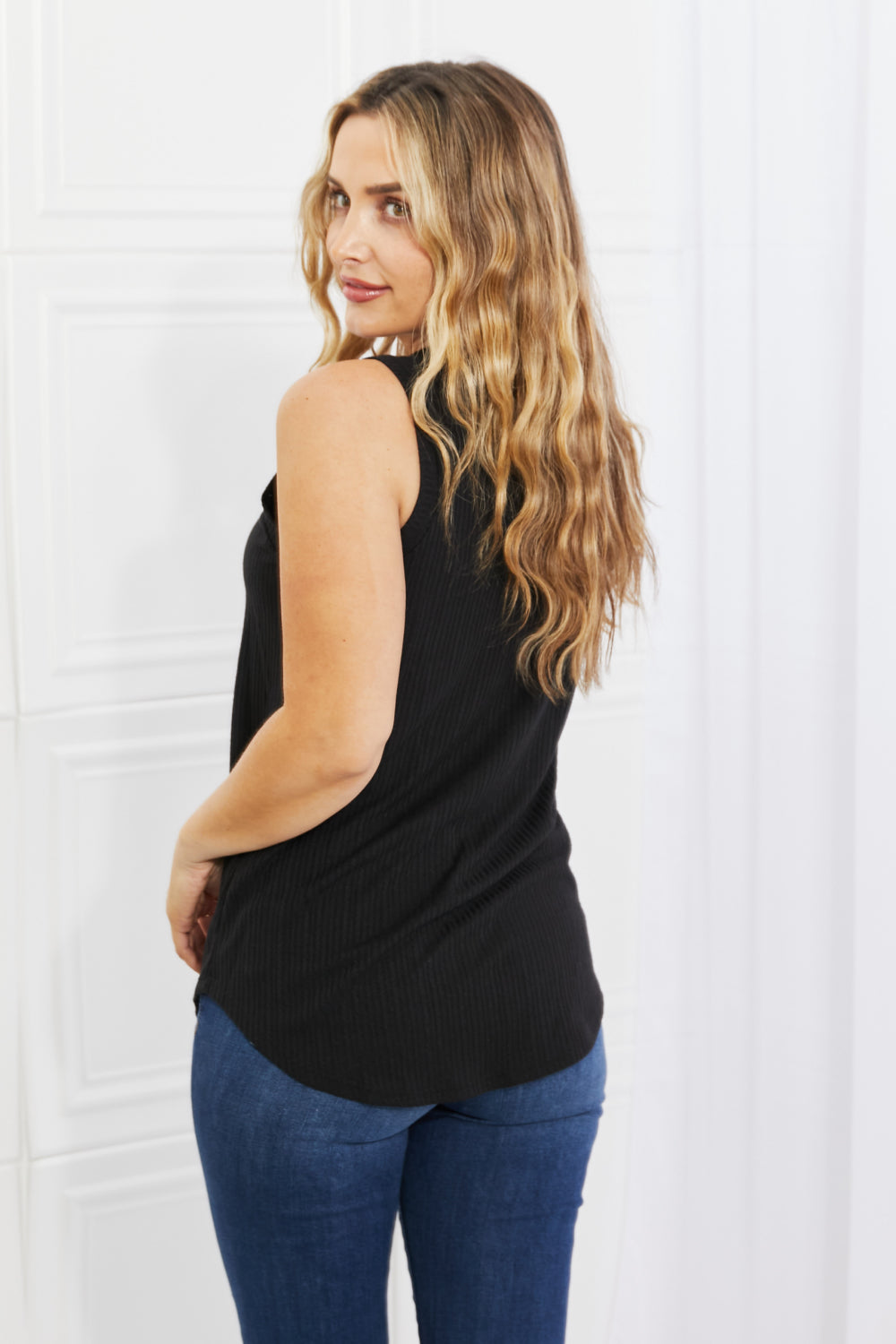 Black Ribbed Knit Top with One Wish Design