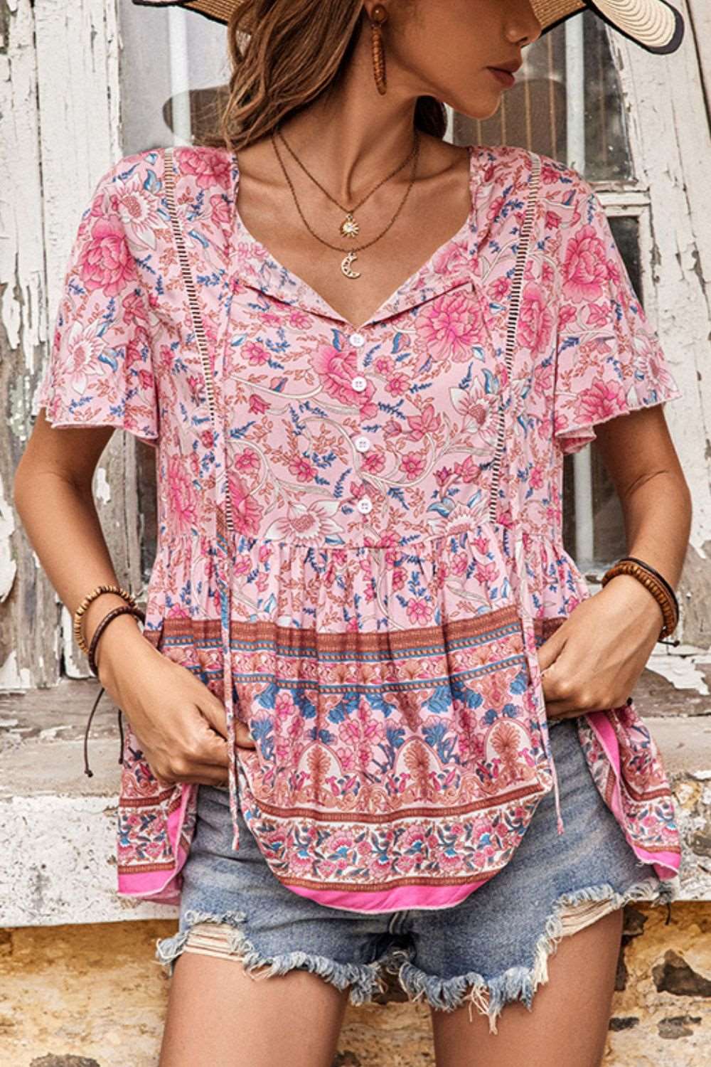 Bohemian Blouse with Decorative Button Neckline Floral