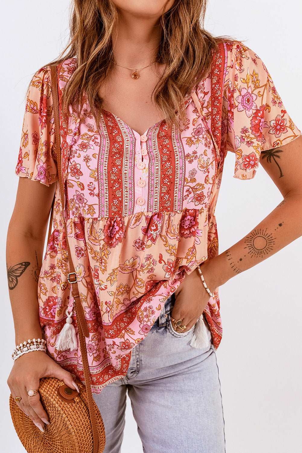 Bohemian Blouse with Floral Print Red L