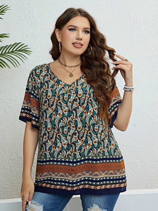 Bohemian Blouse with Printed V-Neck Multicolor