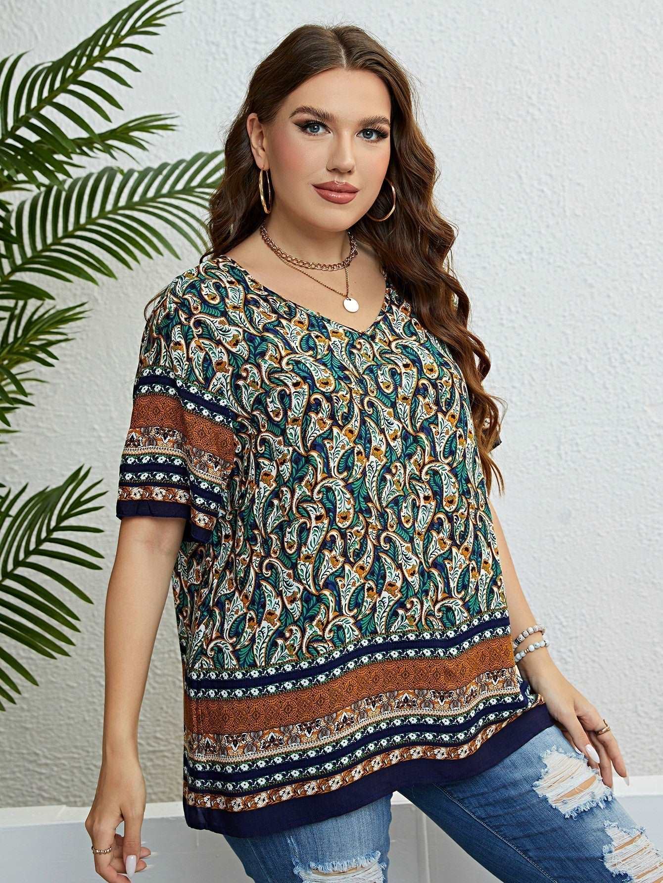 Bohemian Blouse with Printed V-Neck