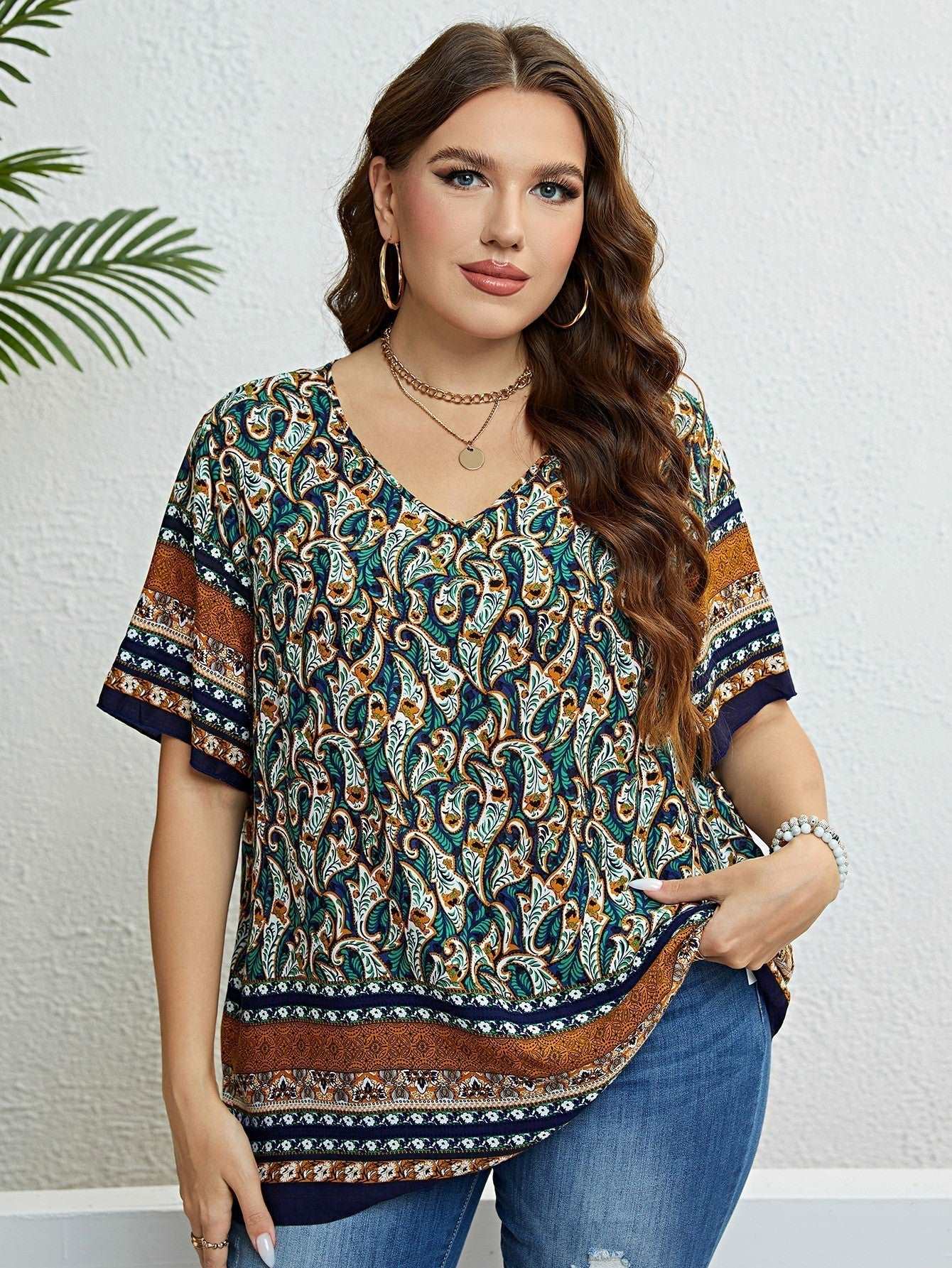 Bohemian Blouse with Printed V-Neck