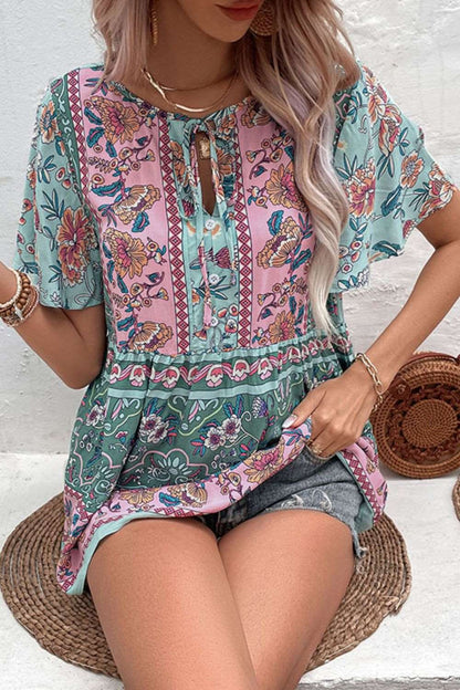 Bohemian Flutter Sleeve Tie-Neck Blouse