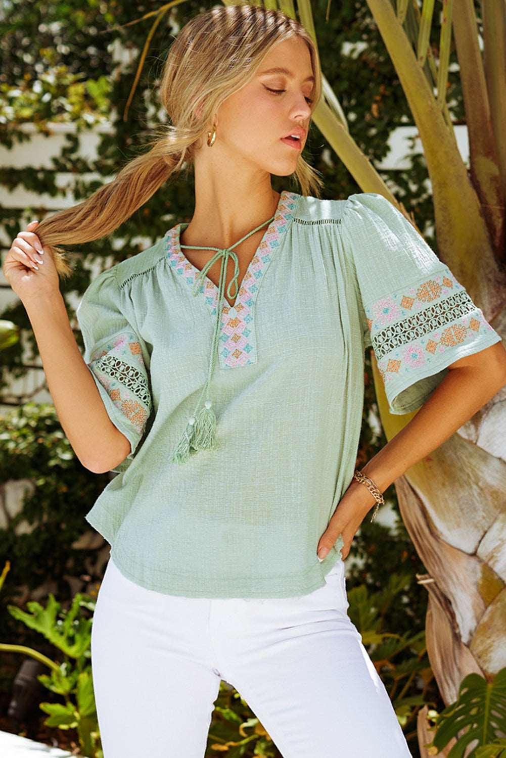 Bohemian Half Puff Sleeve Tassel Top