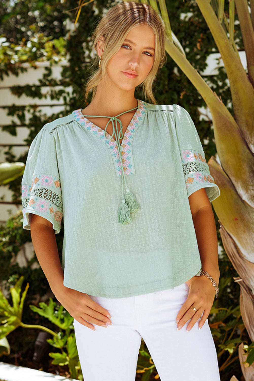 Bohemian Half Puff Sleeve Tassel Top Mint