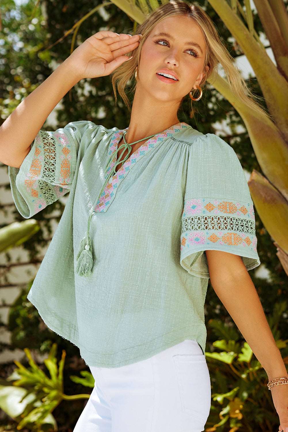 Bohemian Half Puff Sleeve Tassel Top