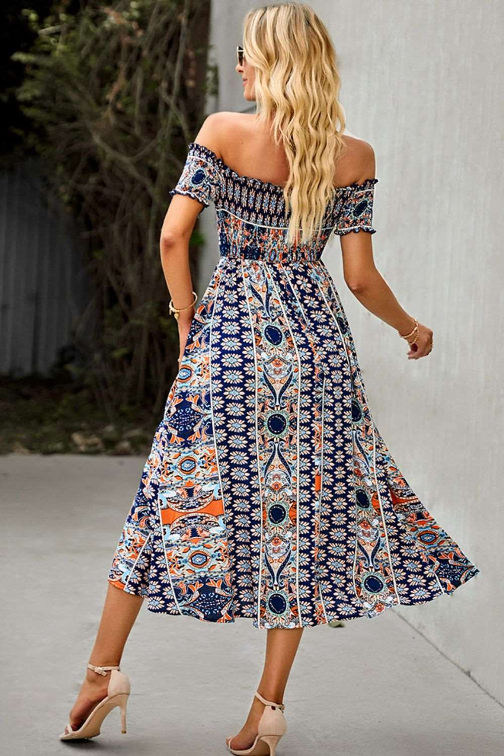 Bohemian Off-Shoulder Frill Trim Split Maxi Dress