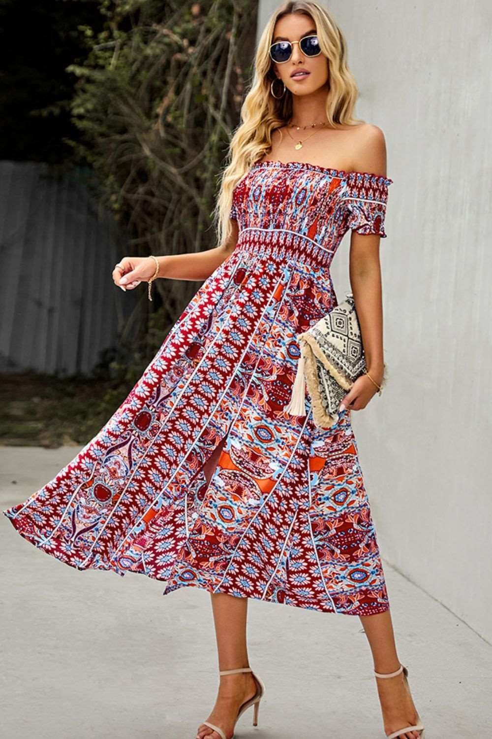 Bohemian Off-Shoulder Frill Trim Split Maxi Dress