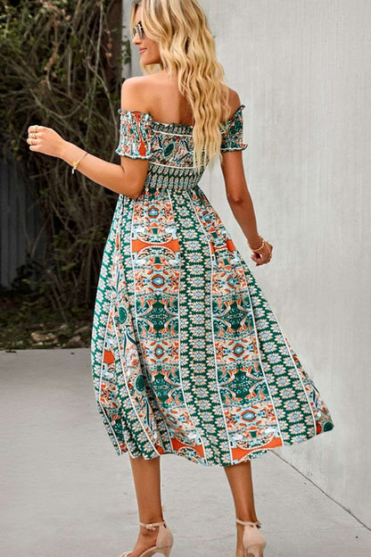 Bohemian Off-Shoulder Frill Trim Split Maxi Dress